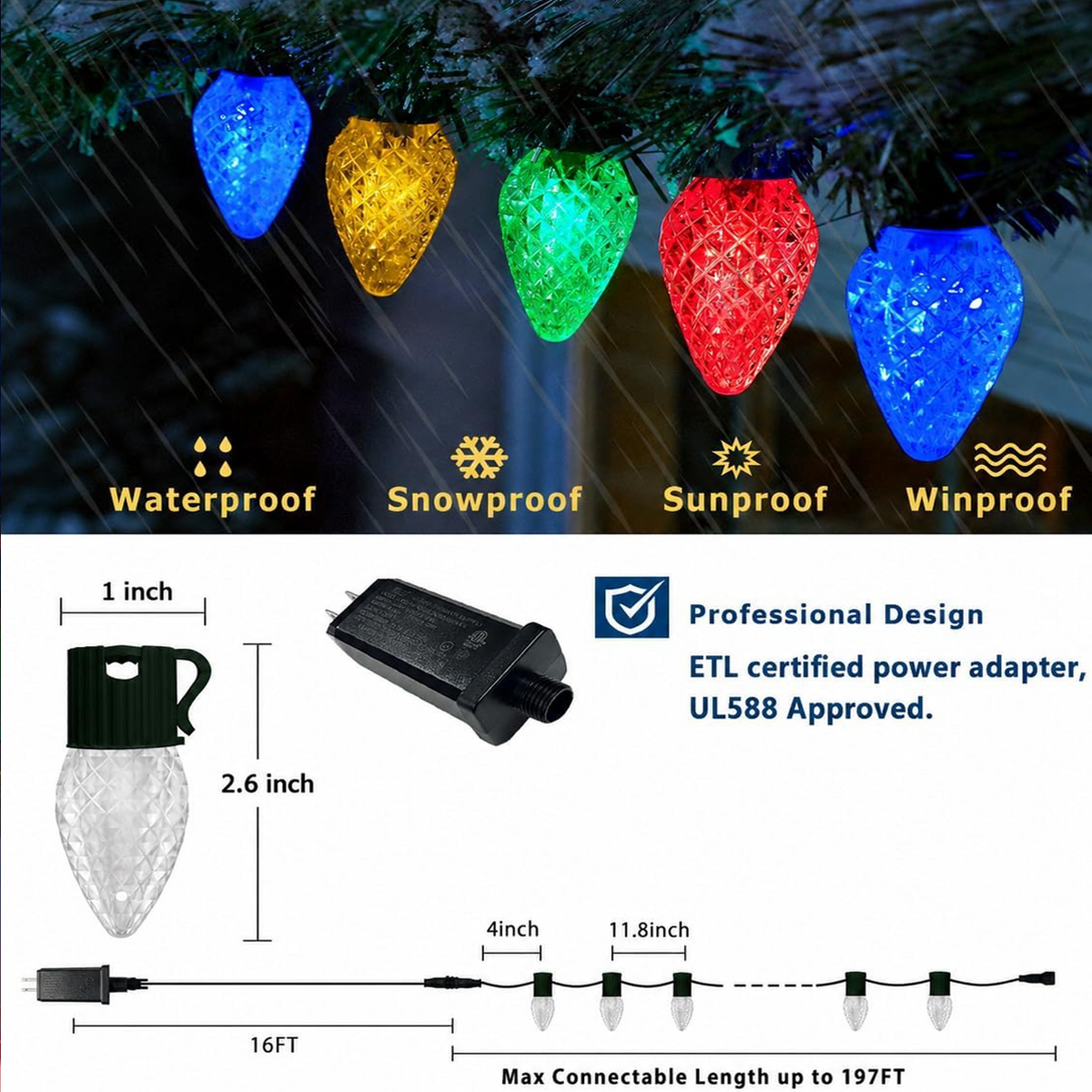 99FT Smart C9 Christmas Lights Outdoor, RGB Color Changing String Lights