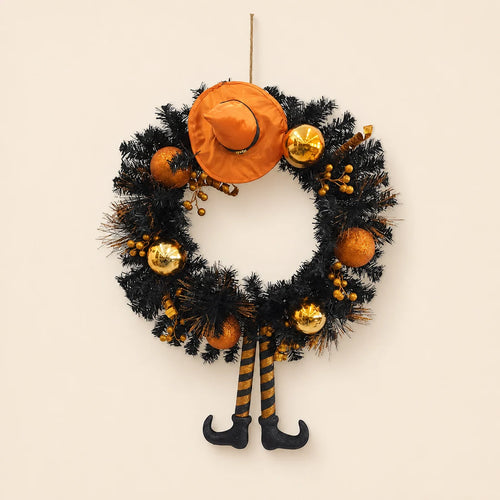 33" Black Witch Hat & Legs Halloween Wreath