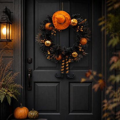 33" Black Witch Hat & Legs Halloween Wreath