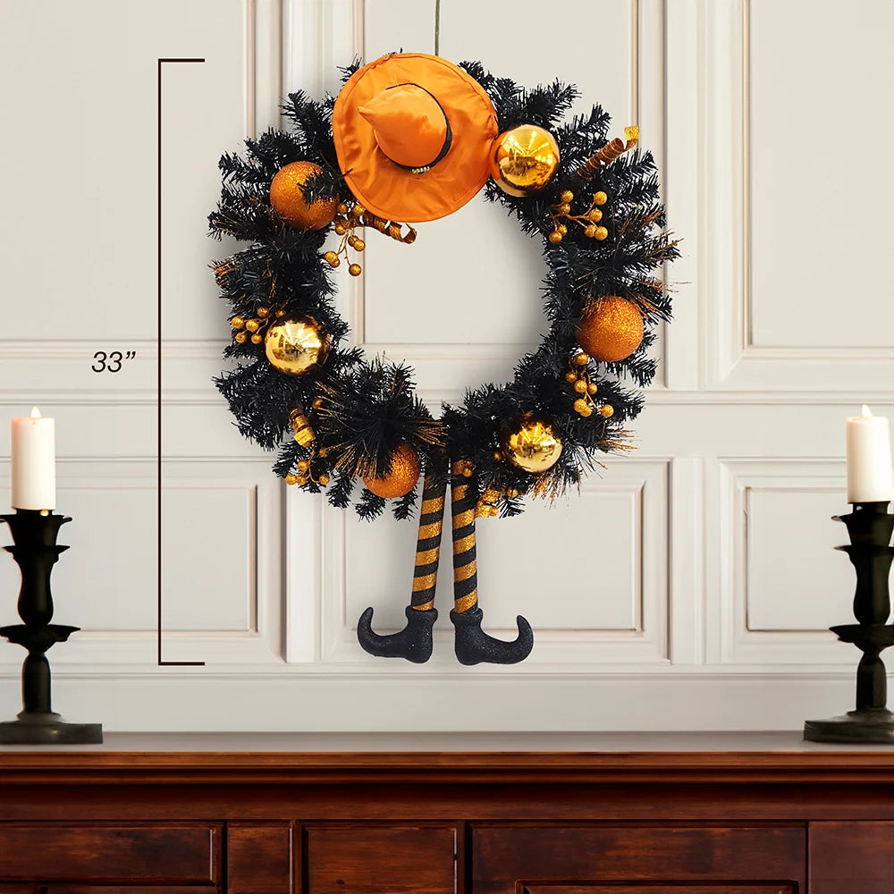 33" Black Witch Hat & Legs Halloween Wreath