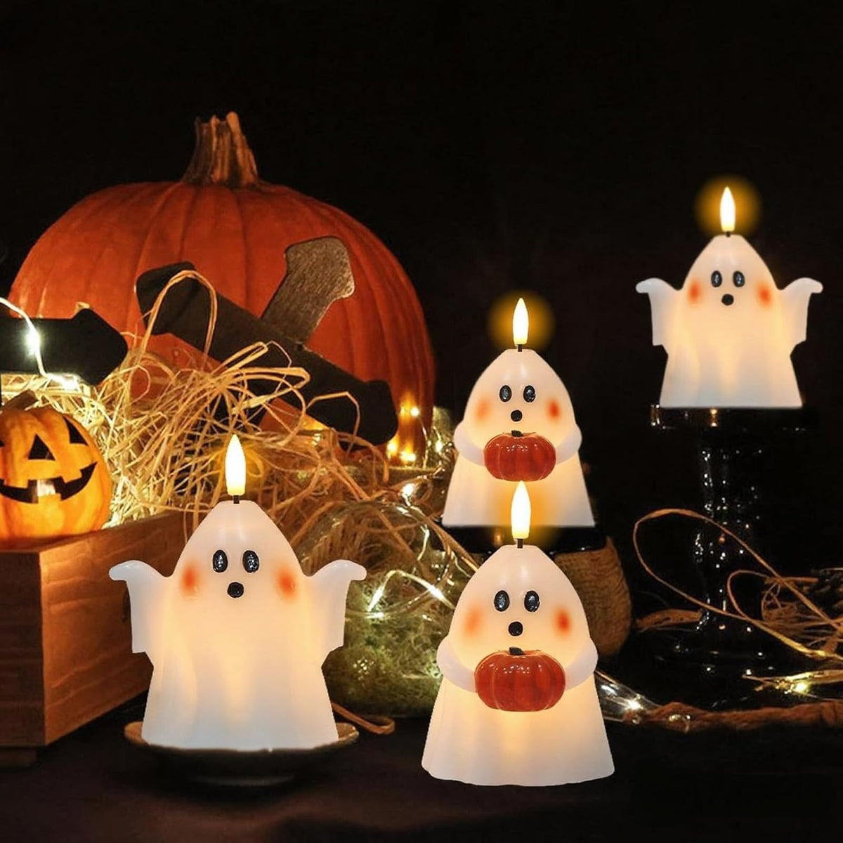 Halloween Flameless Candles with 6hrs Timer Spooky Ghost
